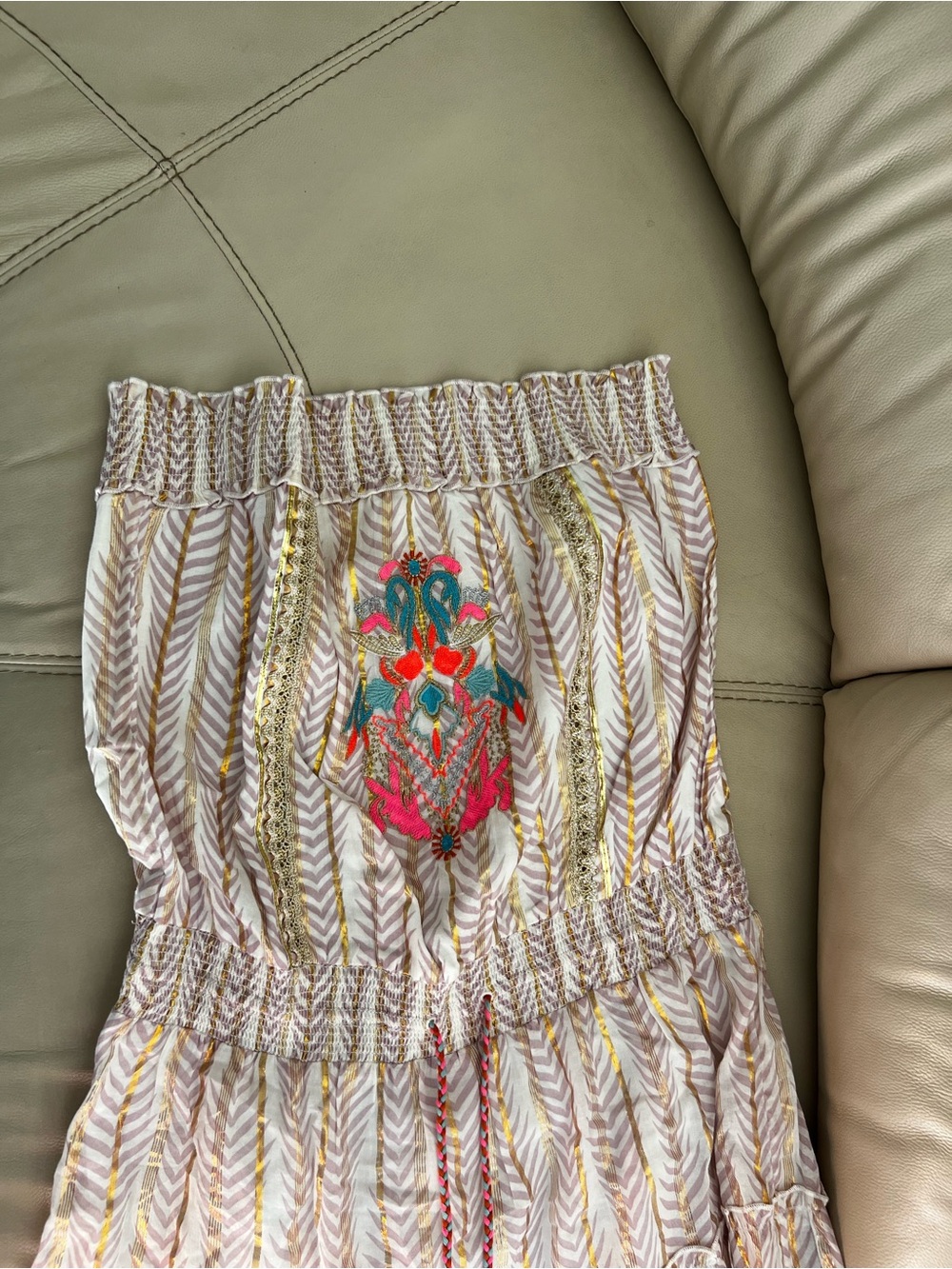 VENUS Cream Strapless Maxi Dress with Pink & Teal Embroidery